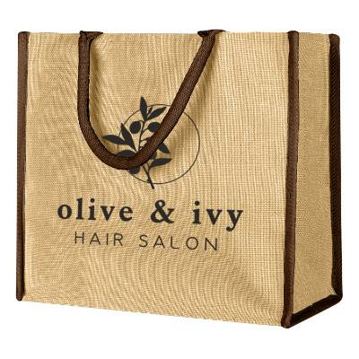 Jute navy super tote with promotional logo.