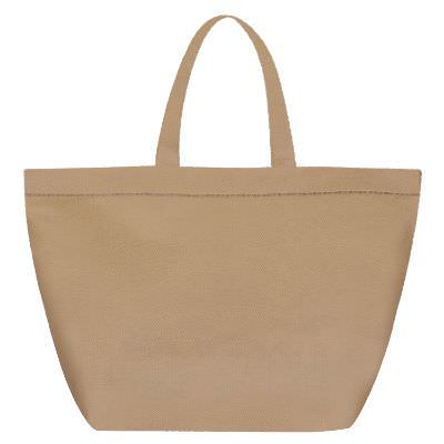 Blank polypropylene tan tote bag with matching bottom insert.