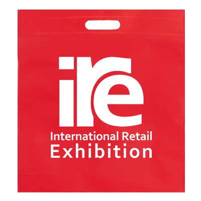 Non-woven polypropylene red large exhibition tote with branded logo.