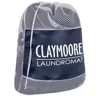 Polyester and nylon navy mesh cinch laundry bag with imprint.