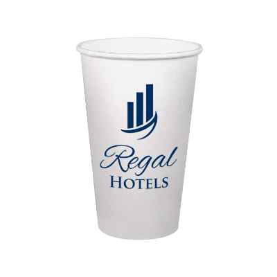 White paper cup with custom imprint in 16 ounces.