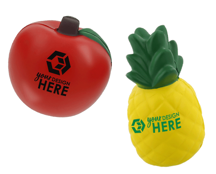 Food shaped stress balls apple stress ball with black imprint and pineapple stress ball with green imprint