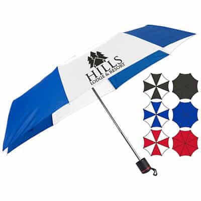 Royal blue with white 43 inch mini folding umbrella with logo.