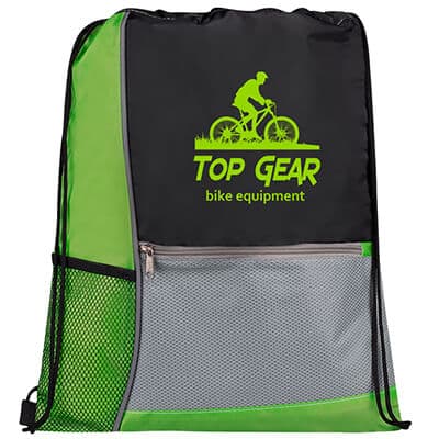 Polyester and dobby lime green block sports bag with imprinting.