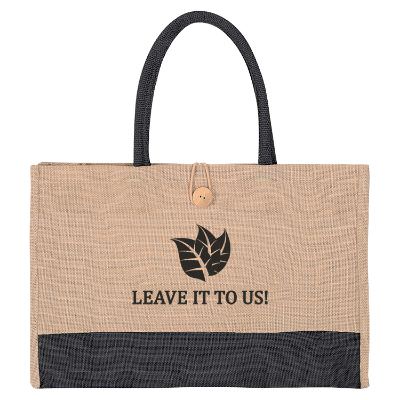 Natural jute navy color block tote with promotional logo.