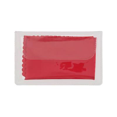 Blank microfiber red cleaning cloth with clear caring pouch in bulk.
