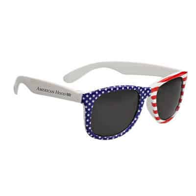 Polycarbonate USA flag patriotic malibu sunglasses with imprinting.