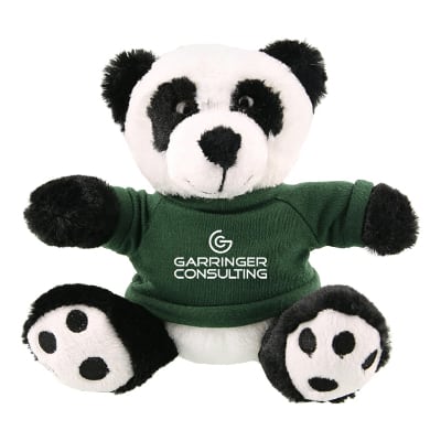 Plush and cotton panda with forest green shirt with custom logo.
