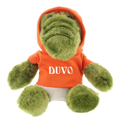 Plush and cotton alligator with orange hoodie with personalized logo.