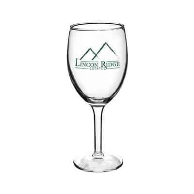 Glass clear wine glass with custom imprint in 8 ounces.