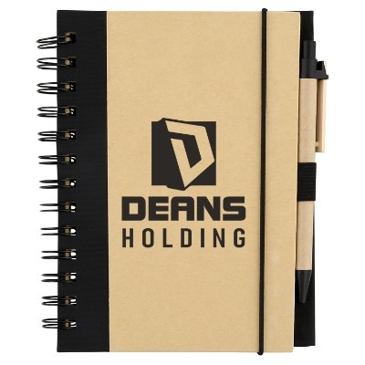 Cardboard natural and black eco notebook with pen and imprinting.