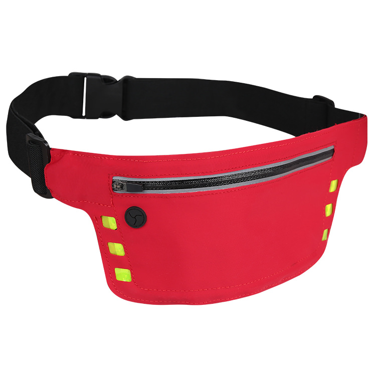 Blank red fanny pack with safety lights and earbud slot for bulk ordering.
