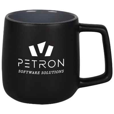 Ceramic red coffee mug with c-handle and custom imprint in 14 ounces.