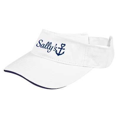 Custom logo on white with navy blue visor.
