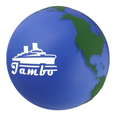 Blue with green foam stress ball with a custom logo.