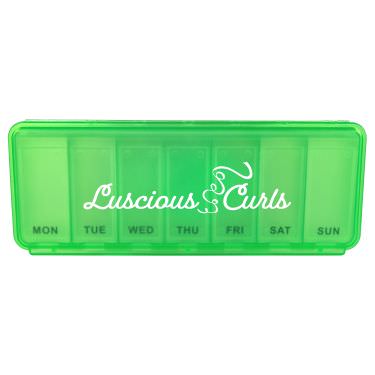 Plastic green pill box with a branded logo.