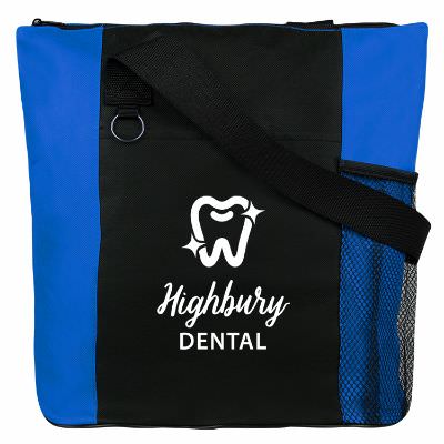 Polyester royal blue lively days tote with branded imprint.