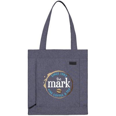 Polycanvas gray heather business tote with logoed full color imprint.