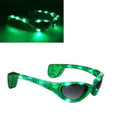 Plastic jade flashing light up rival sunglasses with promotional logo.