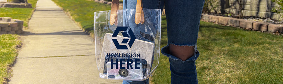 Clear tote bag with black imprint