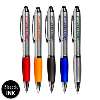 Silver stylus pens with custom logo.
