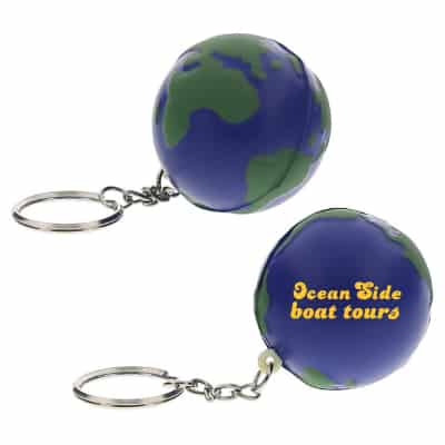 Foam earth stress ball key ring with a custom imprinted brand.
