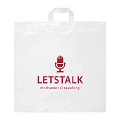 Plastic clear large soft loop recyclable bag imprinted.