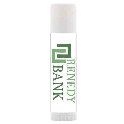Plastic white lip balm available with a personalized full-color logo.