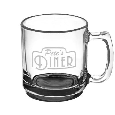 Black coffee mug with engraved logo.