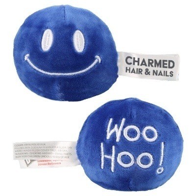 Blue plush stress buster with a custom imprint.