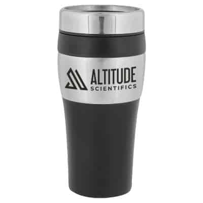 Stainless steel black tumbler with custom imprint in 15 ounces.
