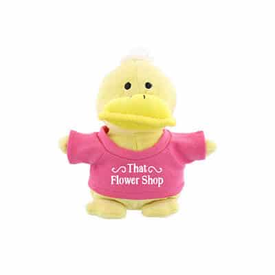 Plush and cotton pink bean bag buddy duck with imprinting.