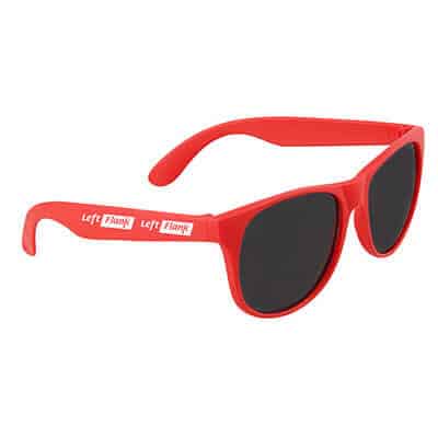 Polypropylene red sunglasses with custom printed logo.
