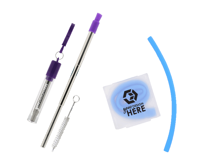 Purple promotional reusable straws in bulk with white imprint and blue custom straws with white imprint
