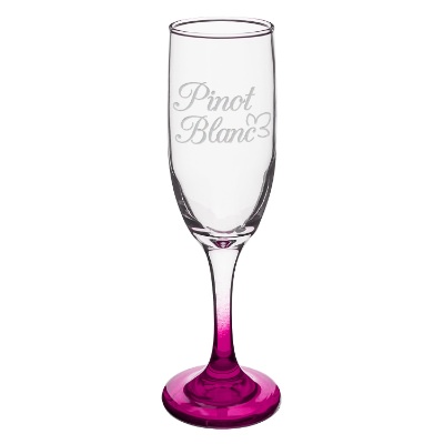 Pink flute with engraved logo.