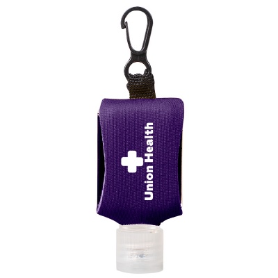 Purple 1 ounce hand sanitizer case with a personalized logo.