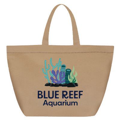 Polypropylene tan tote with full-color custom logo and matching bottom insert.