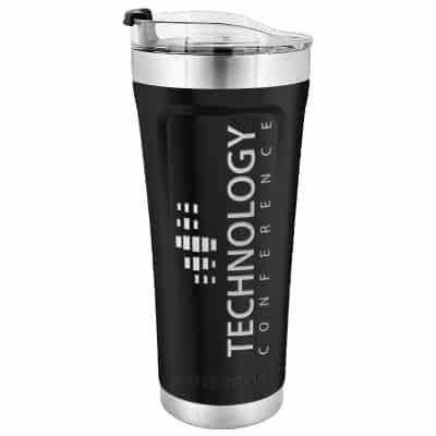 Stainless steel black tumbler with custom engraved print in 20 ounces.