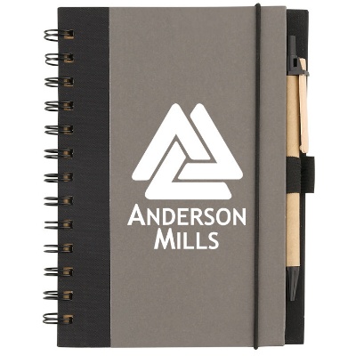 Cardboard charcoal and black eco notebook with pen and imprint.