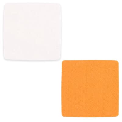 Synthetic shammy material orange 4 inches square sham coaster blank.