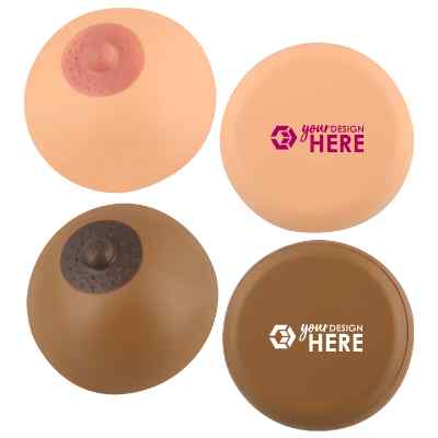 Foam pink breast stress ball with a promotional imprint.