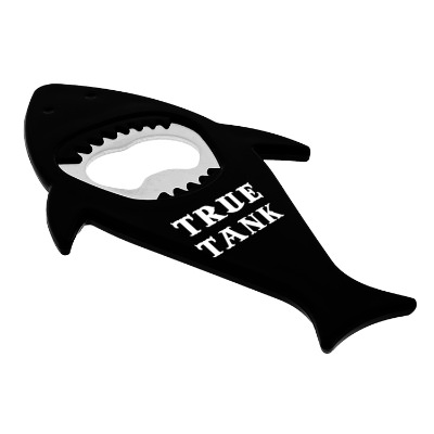 Black stainless steel shark shaped bottle opener with personalized promotional logo.