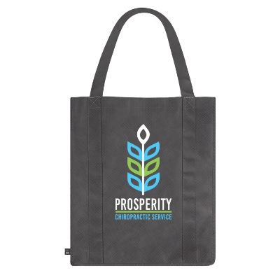Black non-woven rPET tote bag with custom full-color logo.