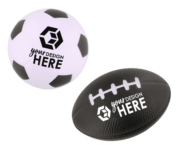 Soccer sports stress balls with black imprint and black football stress balls with white imprint