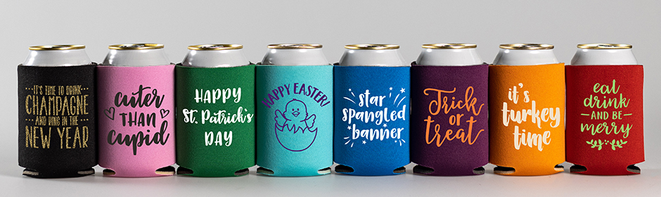 variety of custom printed can coolers
