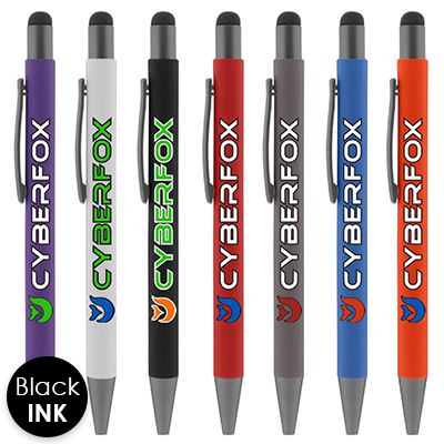 Custom metal full-color pen with rubber stylus.