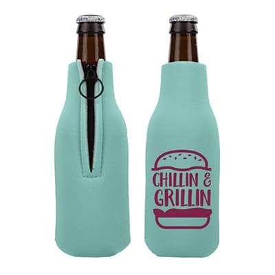 Customizable red zipper bottle cooler.