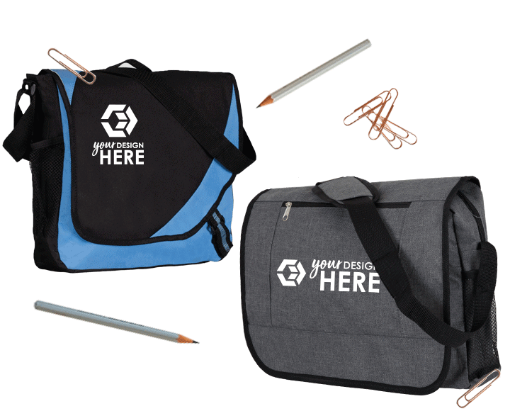 Black and blue branded messenger bags with white imprint and charcoal gray custom messenger bags with white imprint