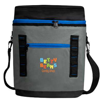 Blue backpack cooler with embroidered logo.