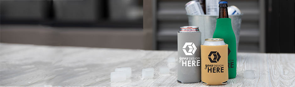 Gray slim can cooler with white imprint and gold standard foam can cooler with black imprint
